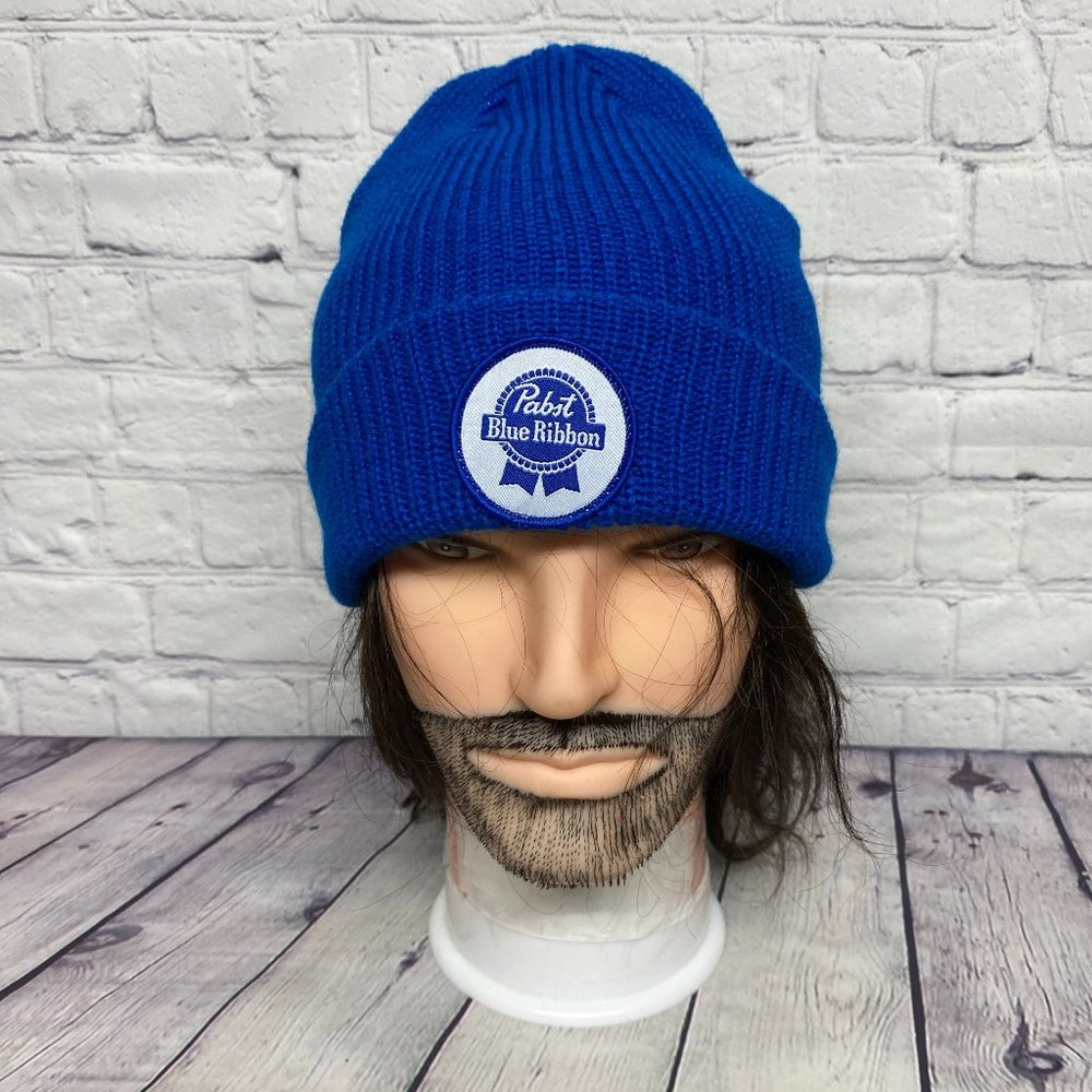 PABST Blue Ribbon Beer Beanie Hat Cap Blue Winter Toque Knit Brew Brewery